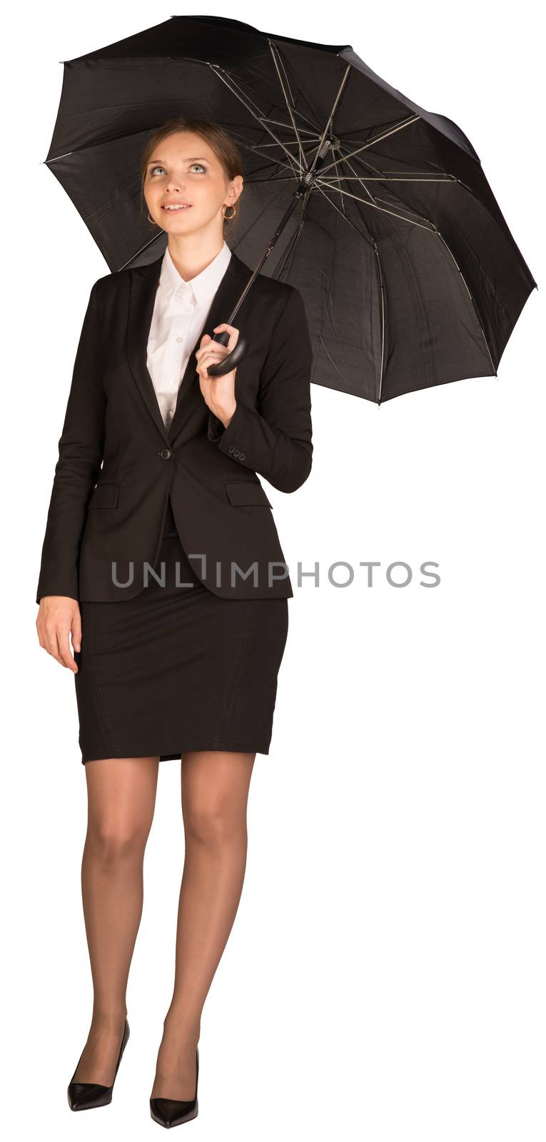 Businesswoman holding umbrella. Isolated on white background