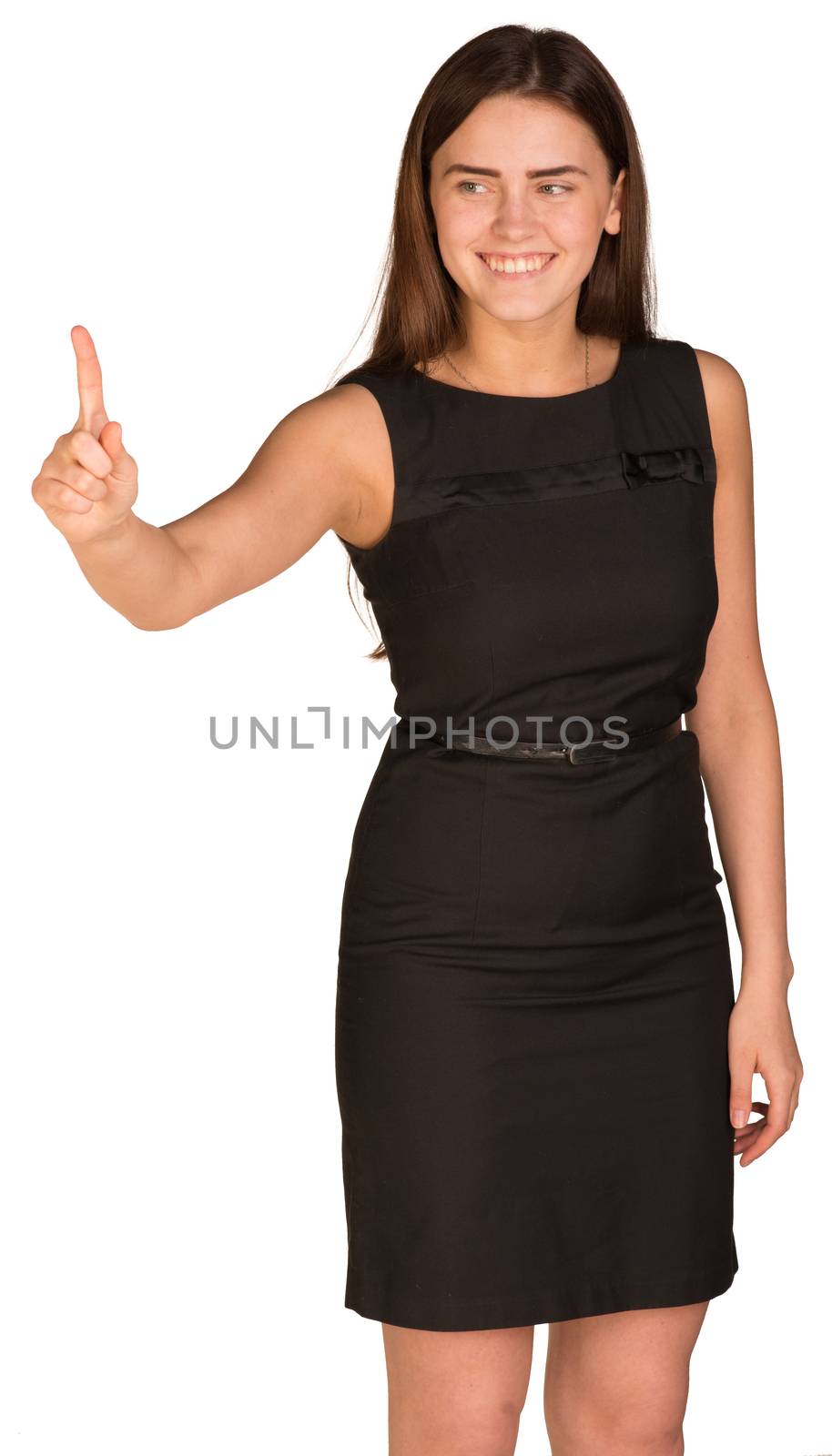 Businesswoman in dress presses finger into empty space in front of him