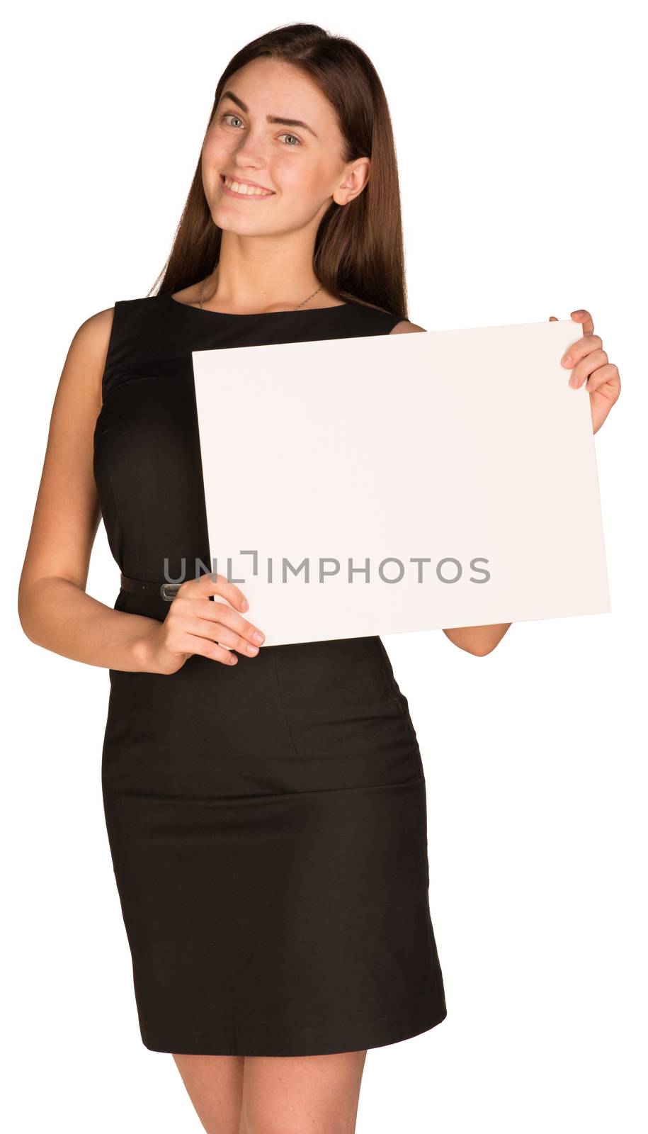 Businesswoman in dress hold empty white paper in front of him