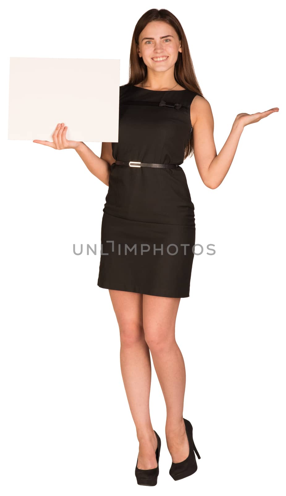 Businesswoman in dress holding white blank sheet of paper and shows his hand aside