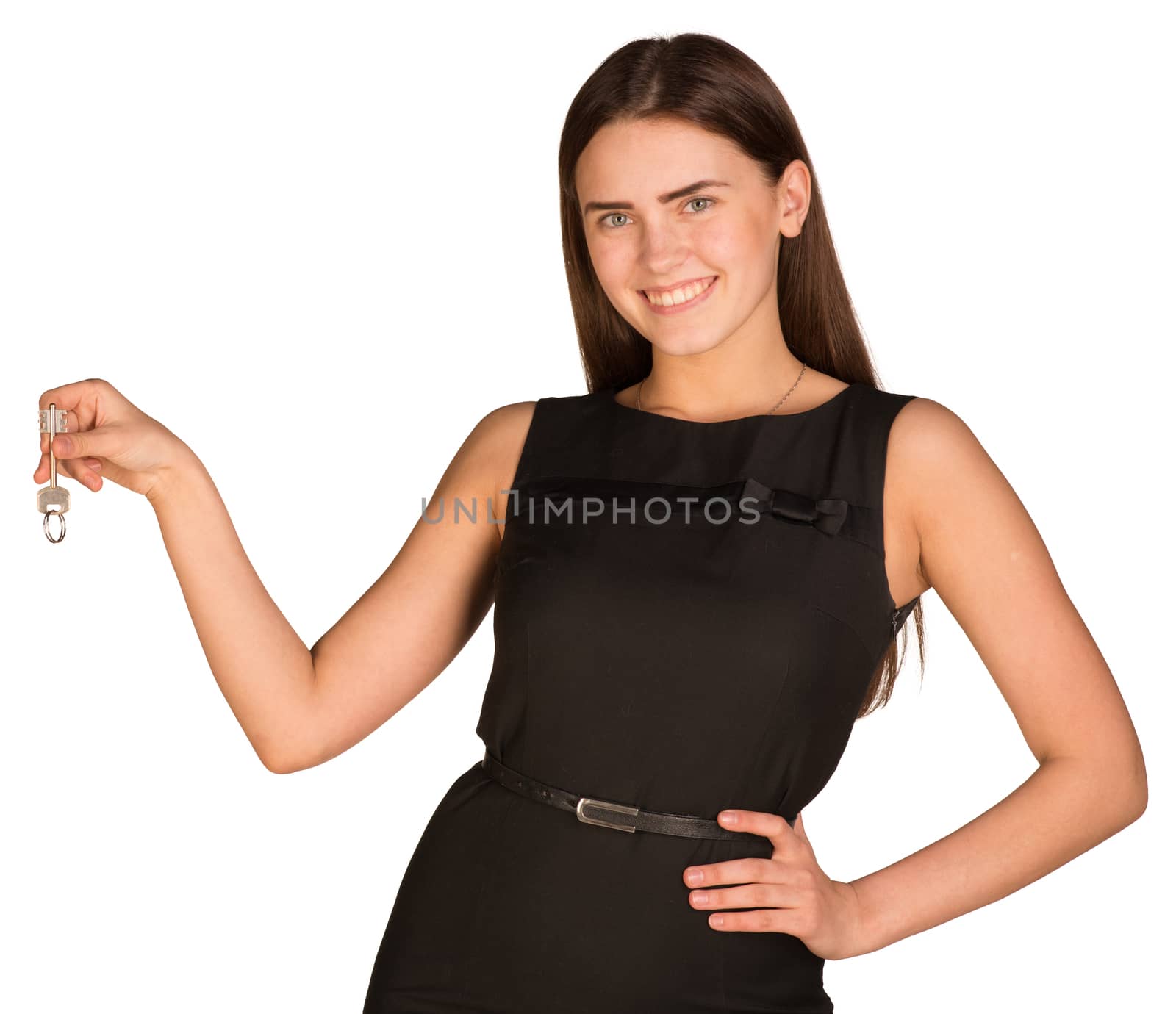 Businesswoman in dress holding house key. Isolated on white background