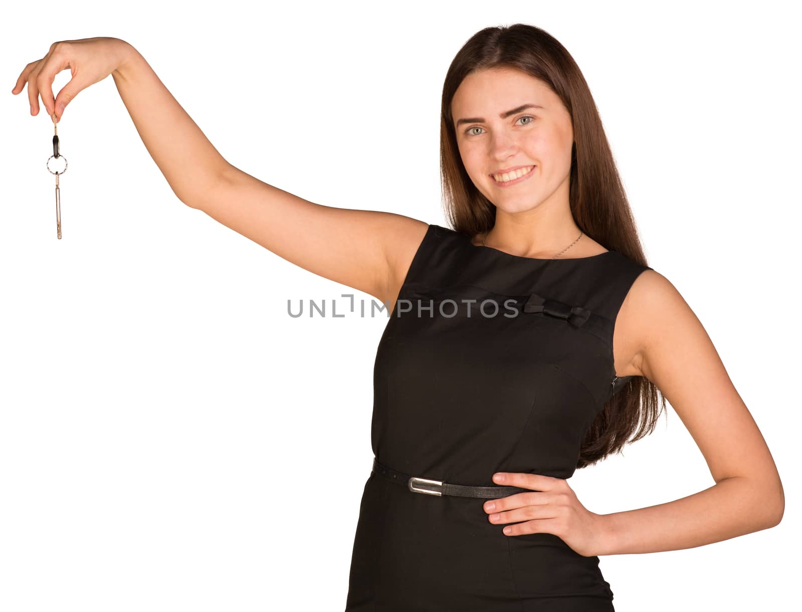 Businesswoman in dress holding house key. Isolated on white background