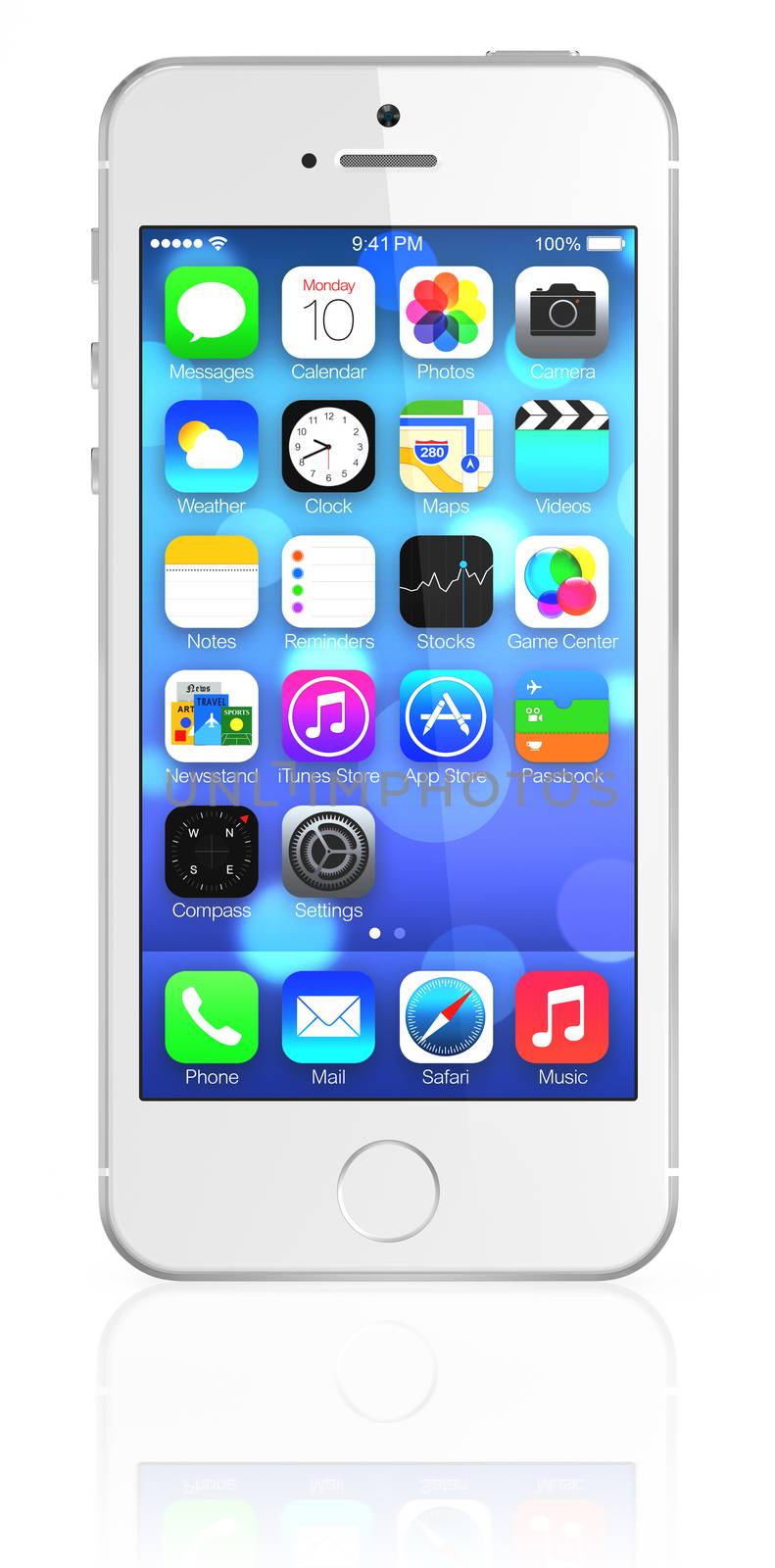 Galati, Romania - August 12, 2014: New Apple Silver iPhone 5s showing the home screen with iOS7. Some of the new features of the iPhone 5s include fingerprint recognition built into the home button, a new camera, and a 64-bit processor. Apple released the iPhone 5s on September 20, 2013.