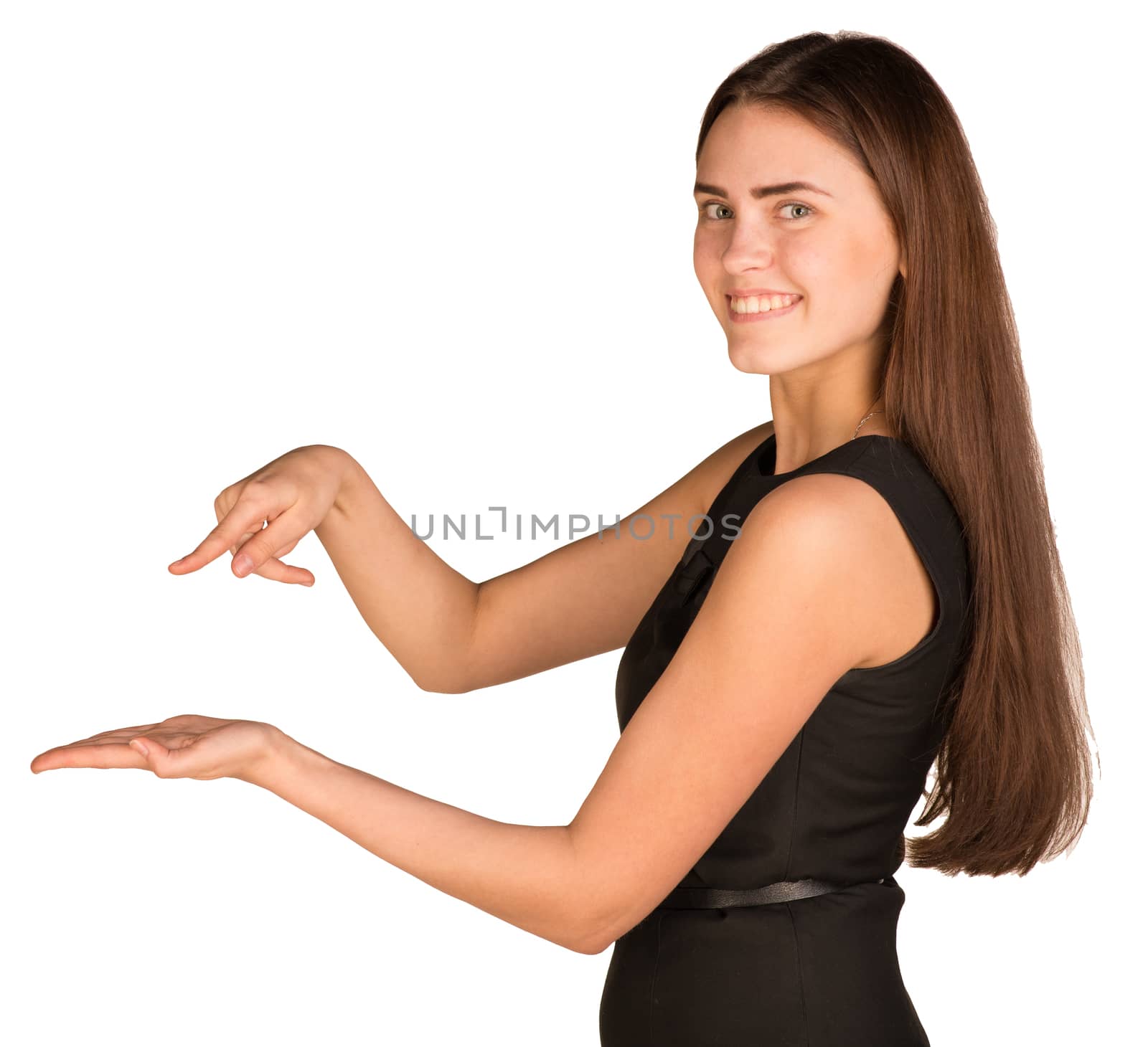Businesswoman in dress shows her empty palm
