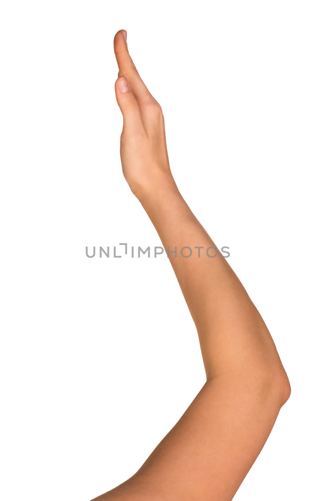 The open hand of a young woman. Isolated on white background