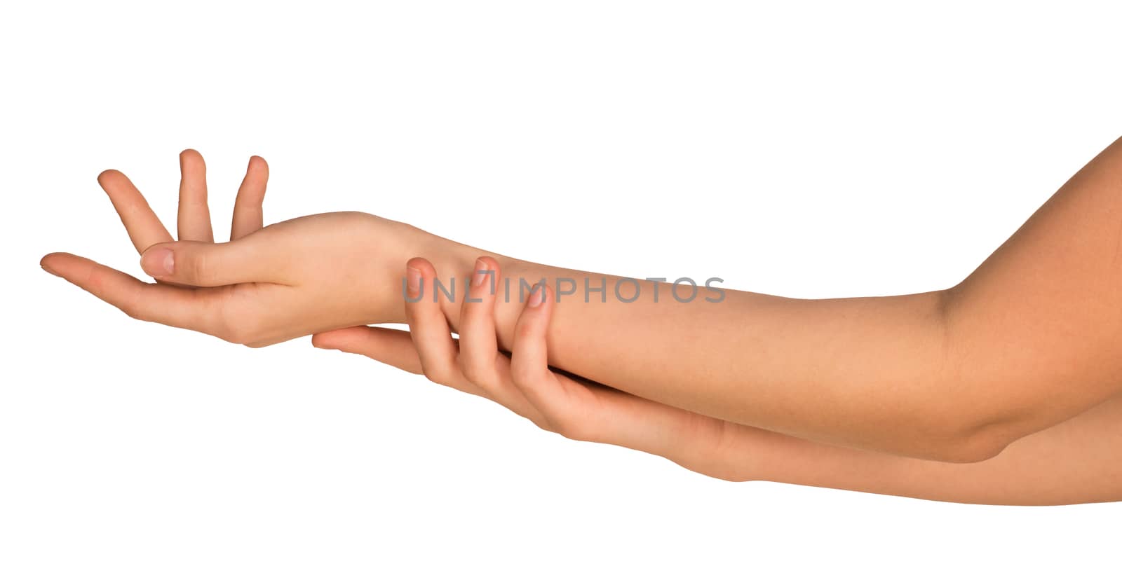 Two stroking hands and arms isolated on white