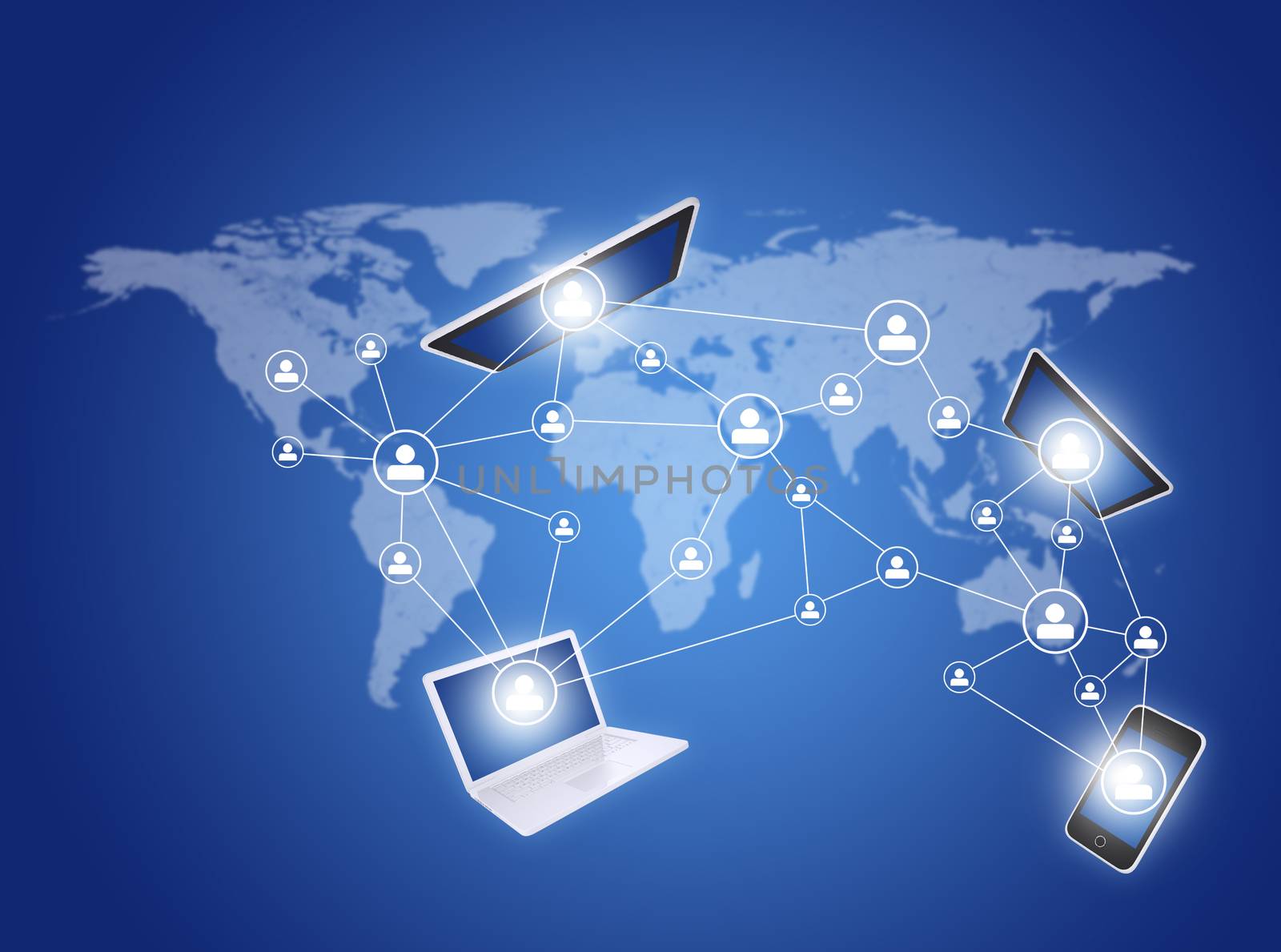 Modern communication technology illustration with social icons and devices on world map