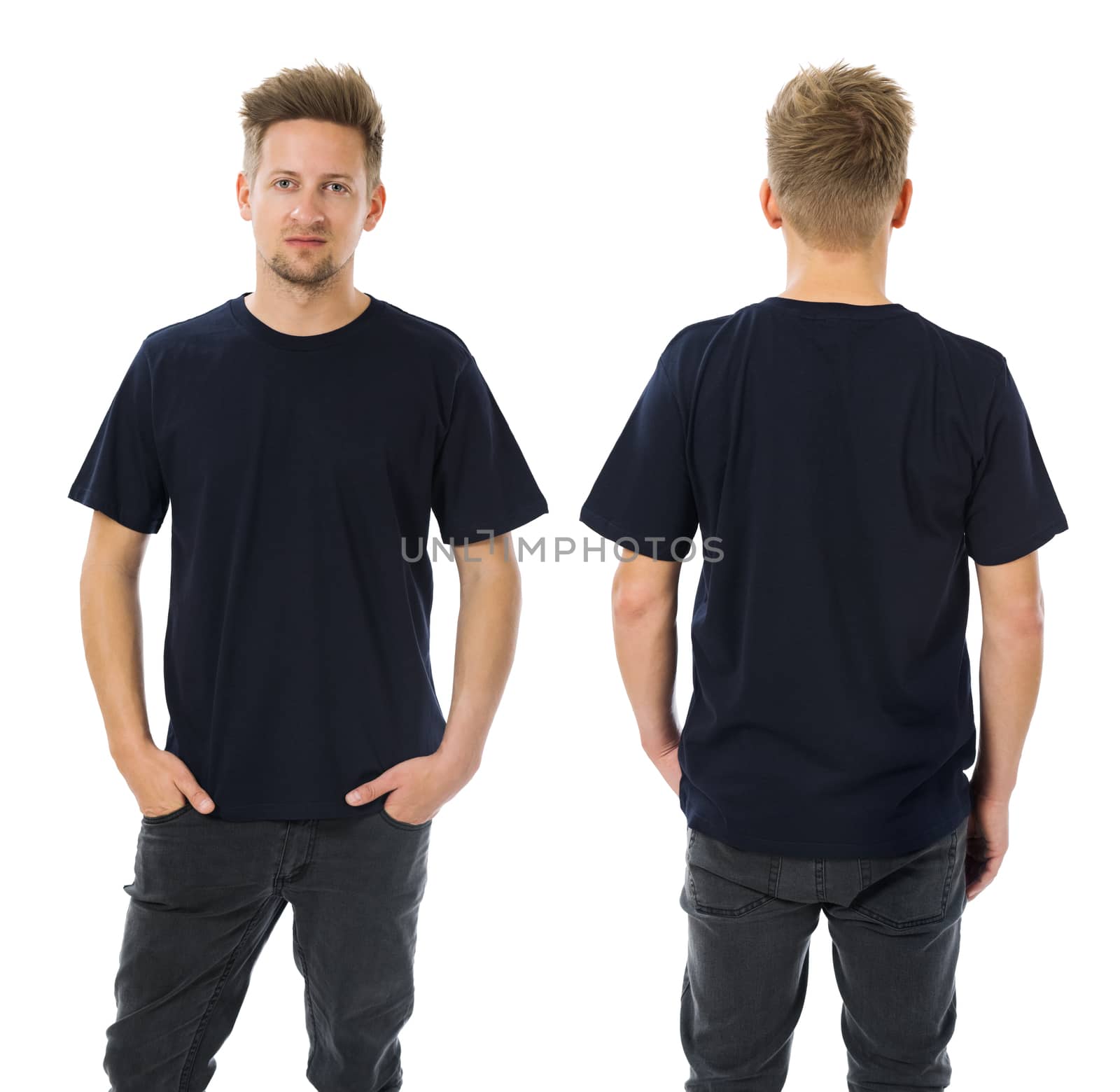 Photo of a man wearing blank dark blue t-shirt, front and back. Ready for your design or artwork.