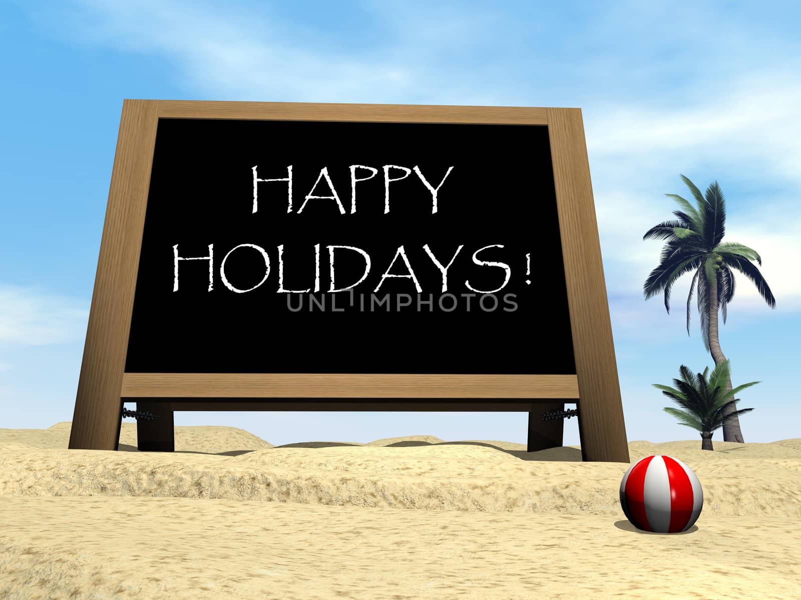 Happy holidays message at the beach - 3D render