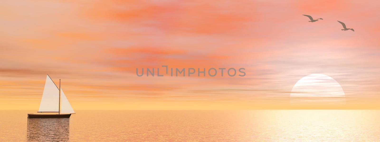 Peaceful sailboat on the ocean by sunset - 3D render