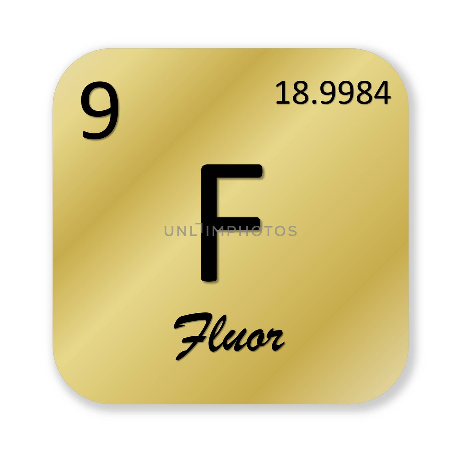 Black fluorine element, french fluor, into golden square shape isolated in white background