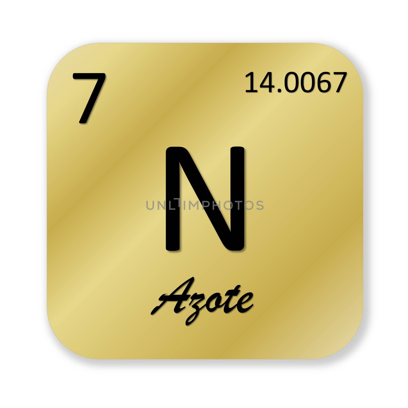 Black nitrogen element, french azote, into golden square shape isolated in white background