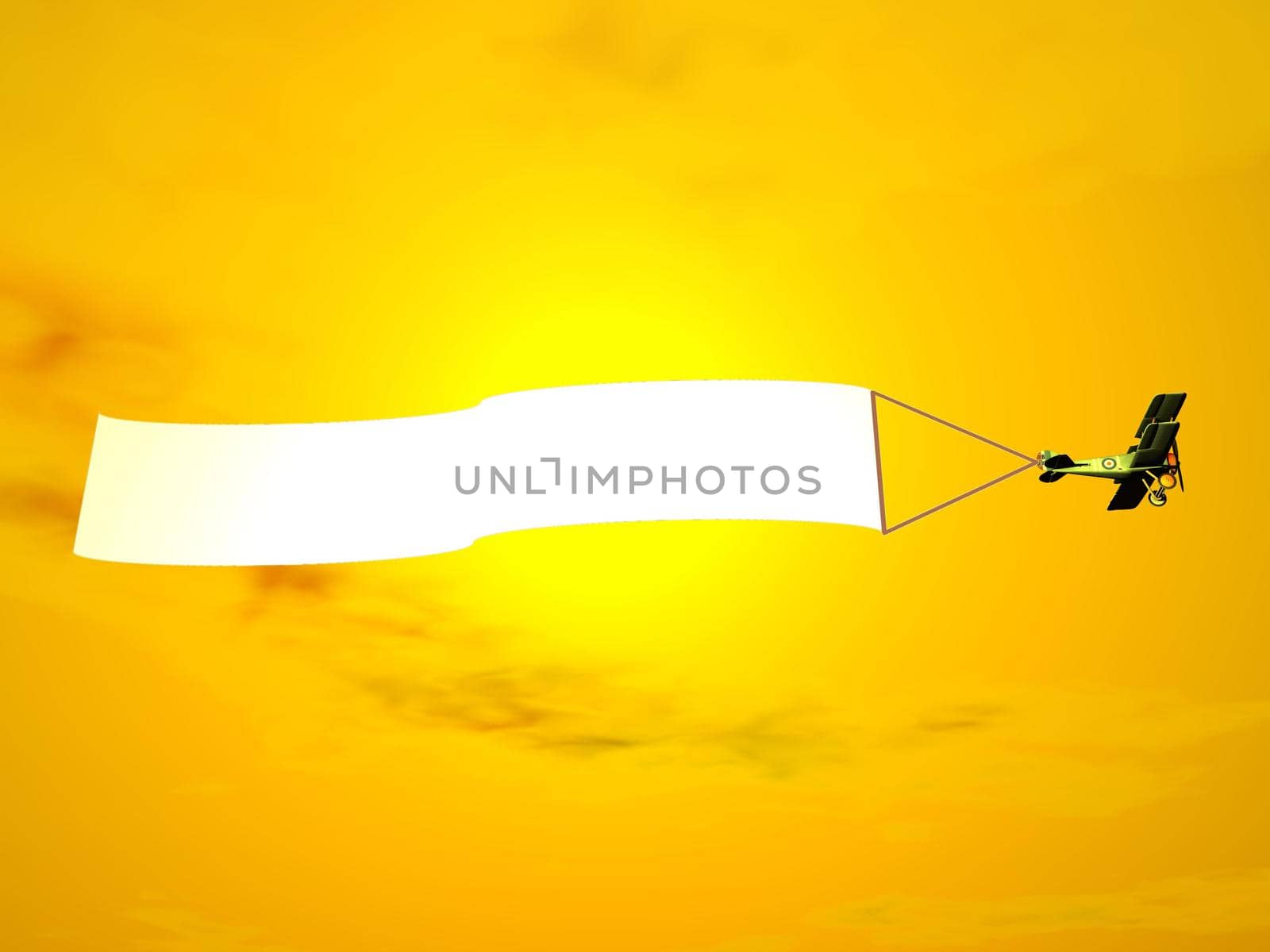 Biplane aircraft pulling advertisement banner in orange sunset sky - 3D render