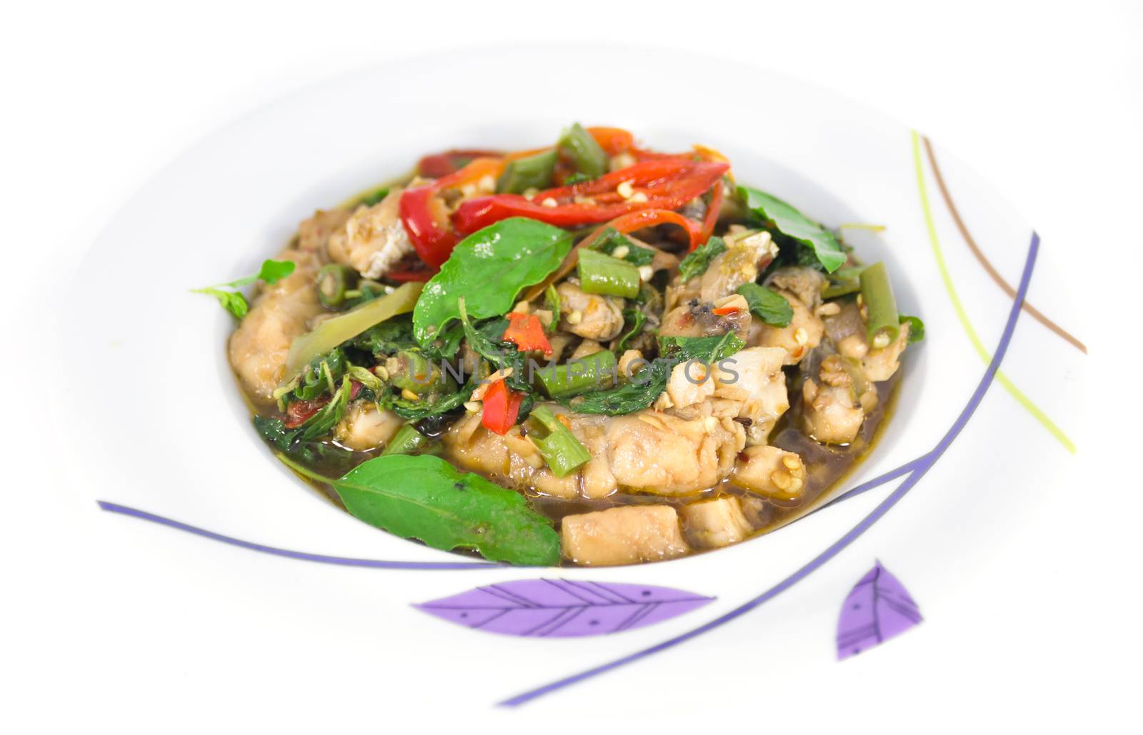 Thai spicy food, stir fried fish with basil, Pat-Ka-Praw-Pla