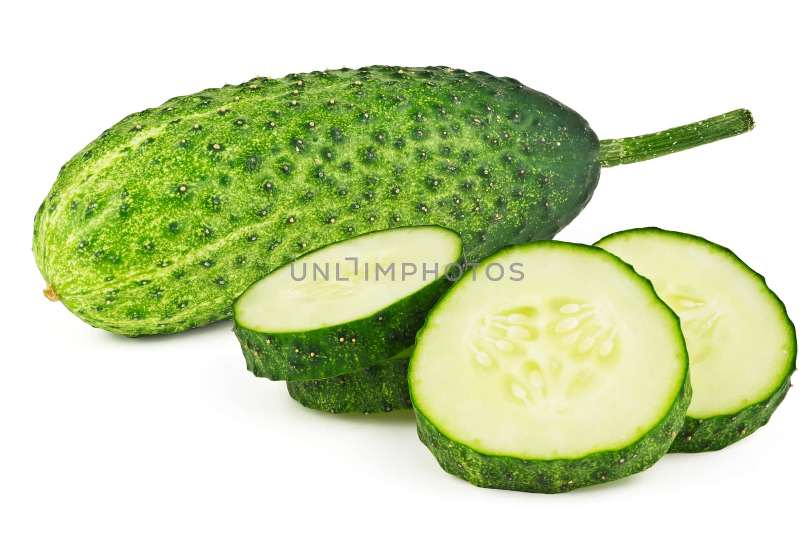 One young whole cucumber and four slices on white background