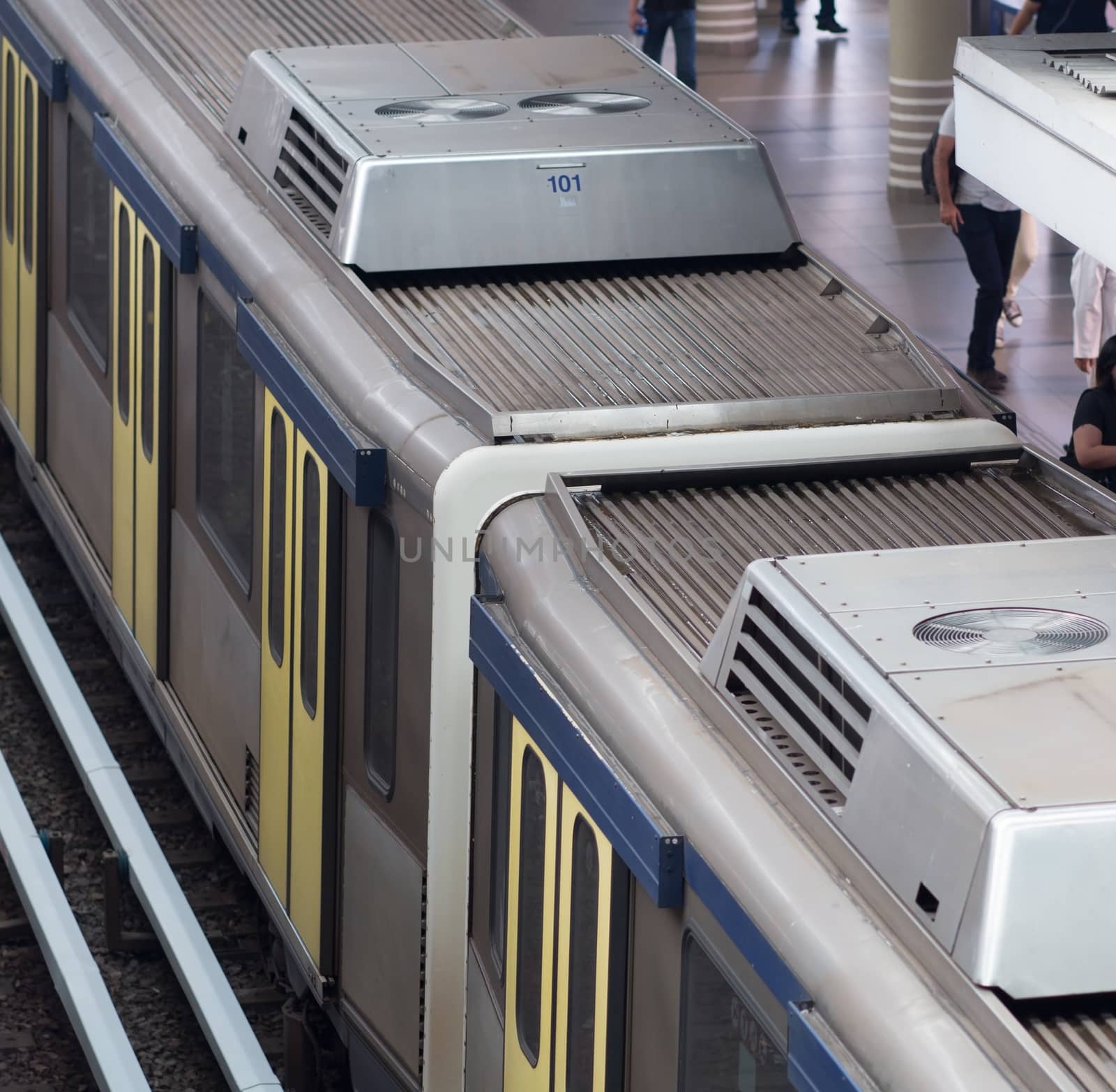 Detail of light rail train at a station in Kuala Lumpur, the capital of Malaysia.