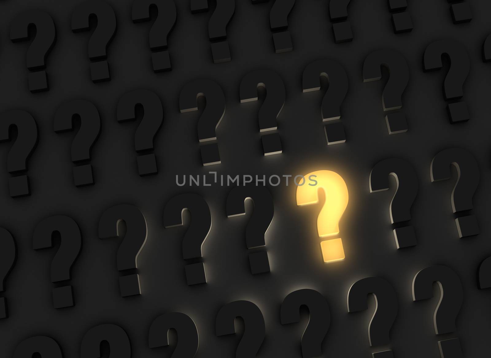 A bright, glowing yellow question mark stands out in a dark field of gray question marks