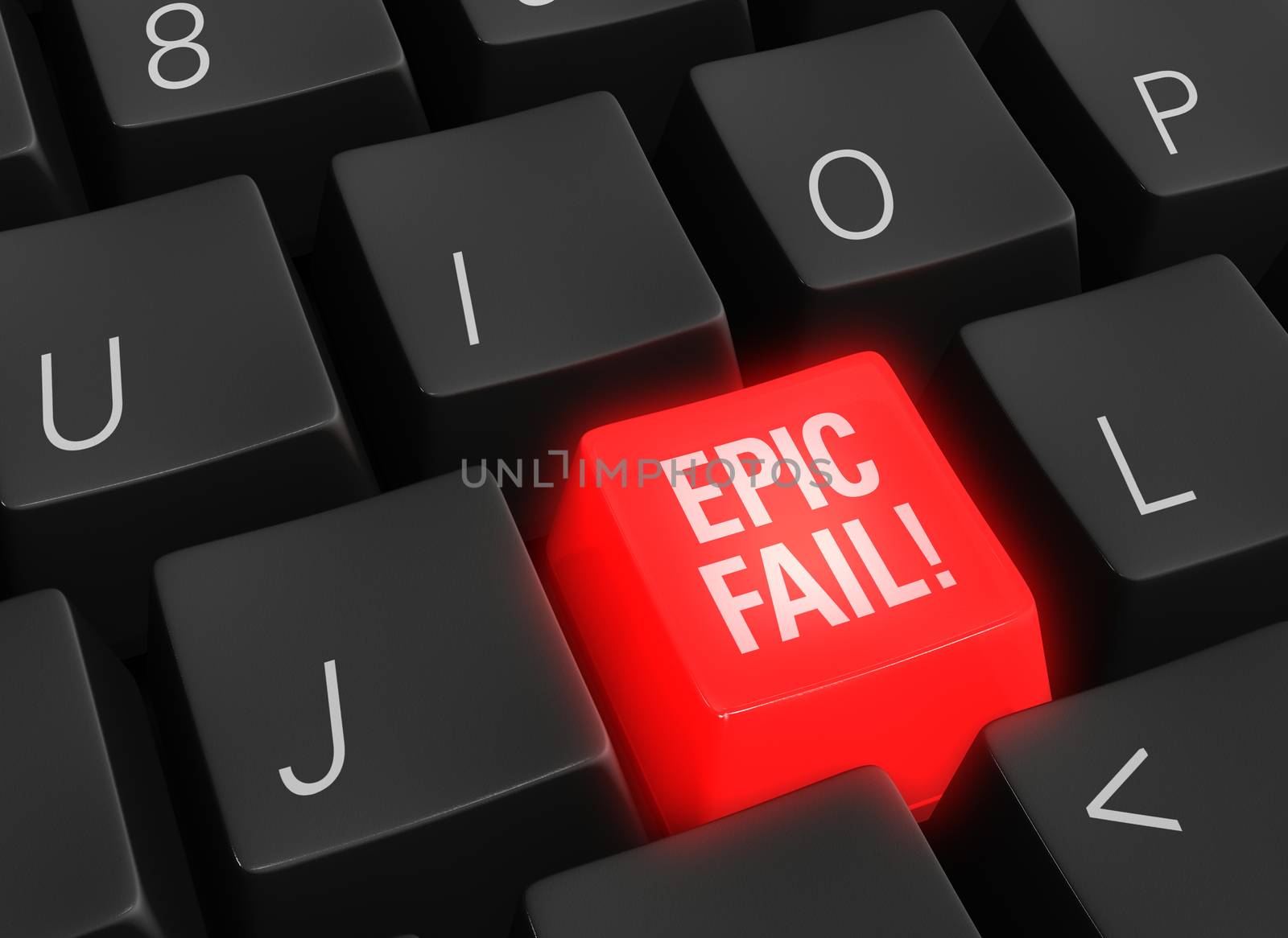 Close up photo-real illustration of a black computer keyboard with a glowing red "EPIC FAIL" key.