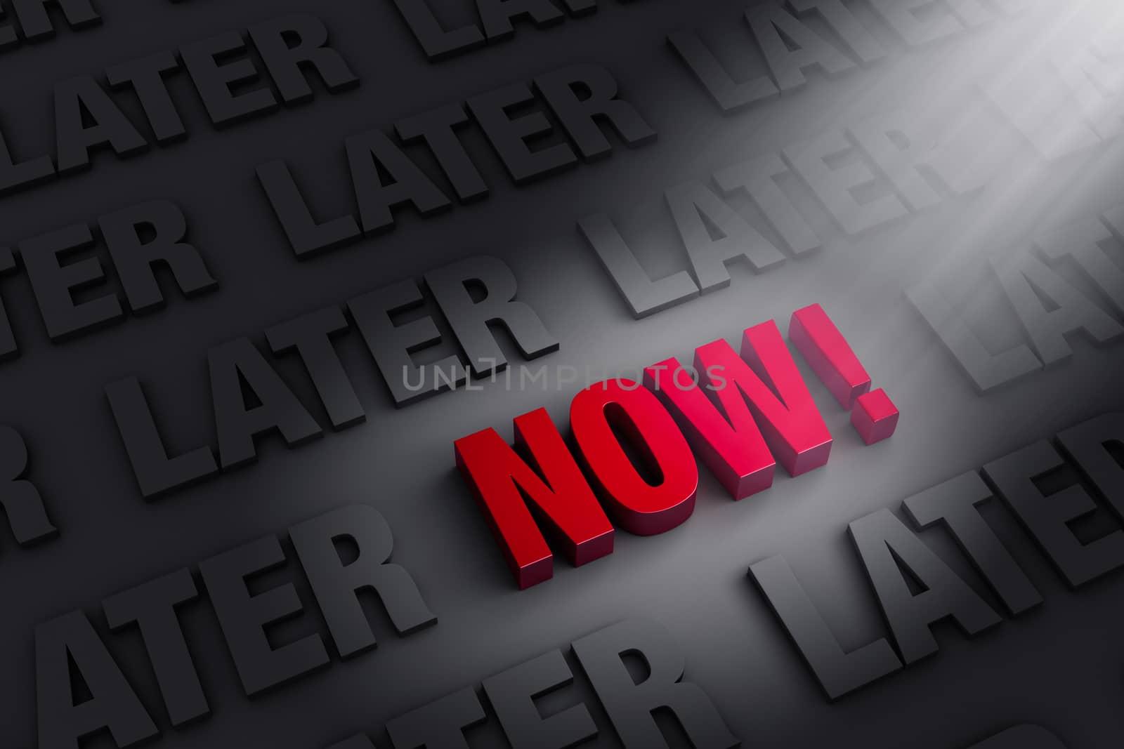 A spotlight illuminates bright, red "NOW" on a dark background of "LATER"s.