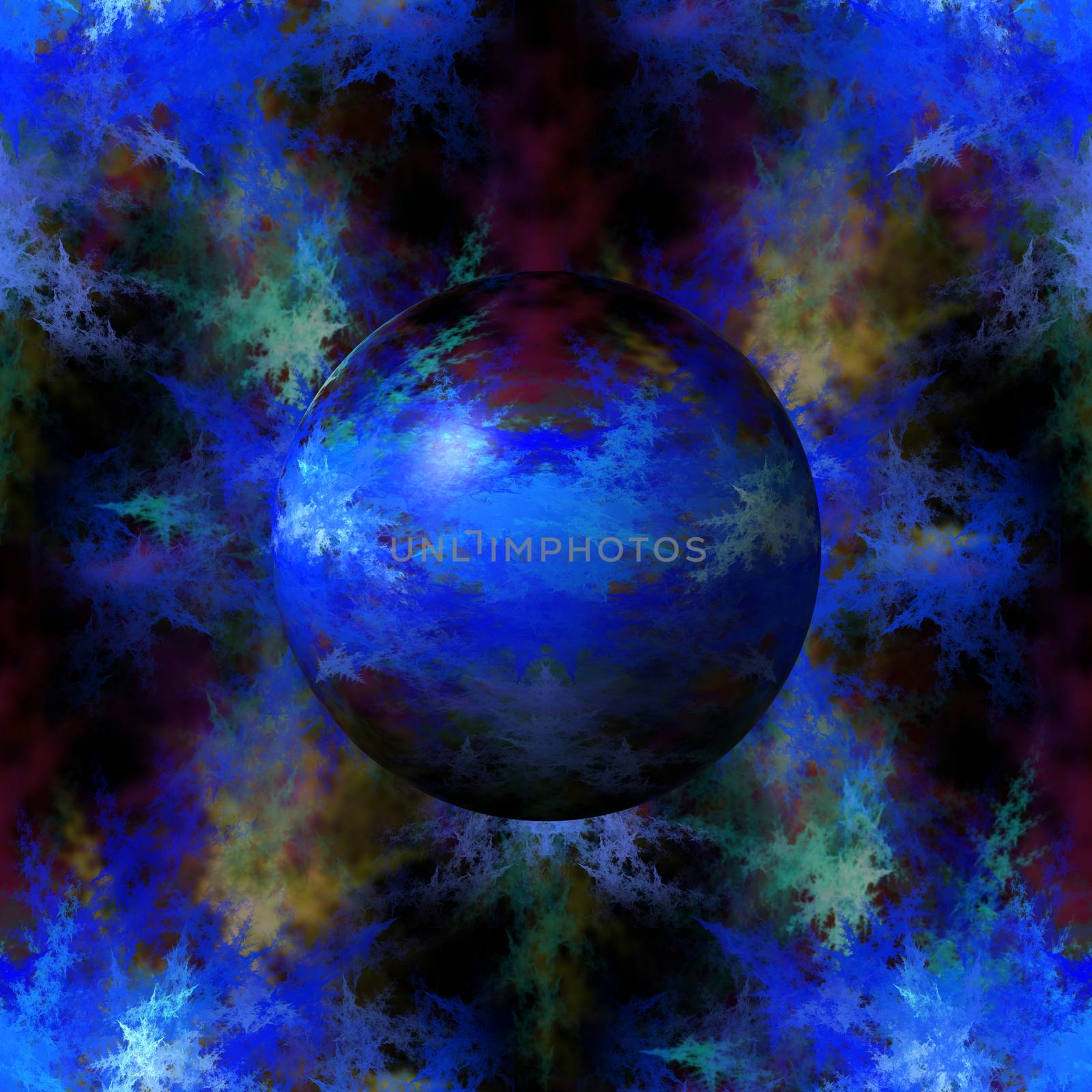 Blue color globe on a fractal background.