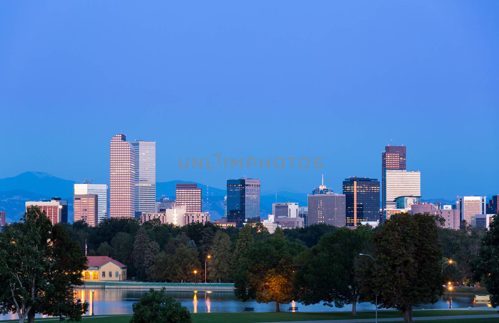 City skyline of Denver Colorado from the City Park taken from front of Science Museum just before sunrise