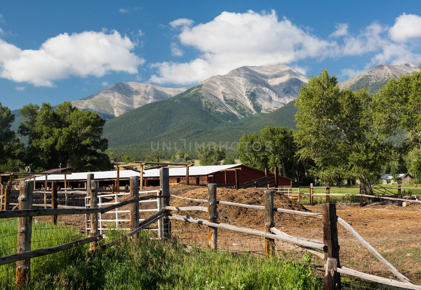 Farmyard and stables behind fencing with Mount Princeton near Buena Vista Colorado