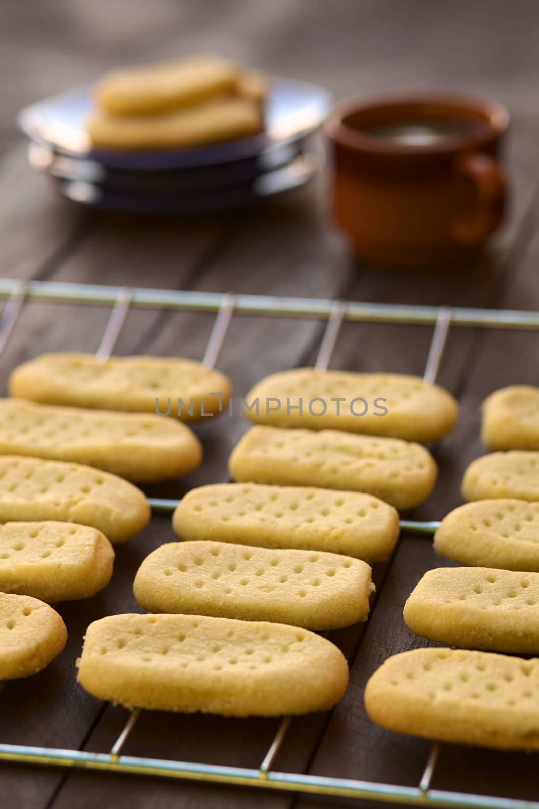 Homebaked shortbread biscuits on cooling rack with plates and cup of tea in the back (Selective Focus, Focus on the front of the second cookie in the middle column)
