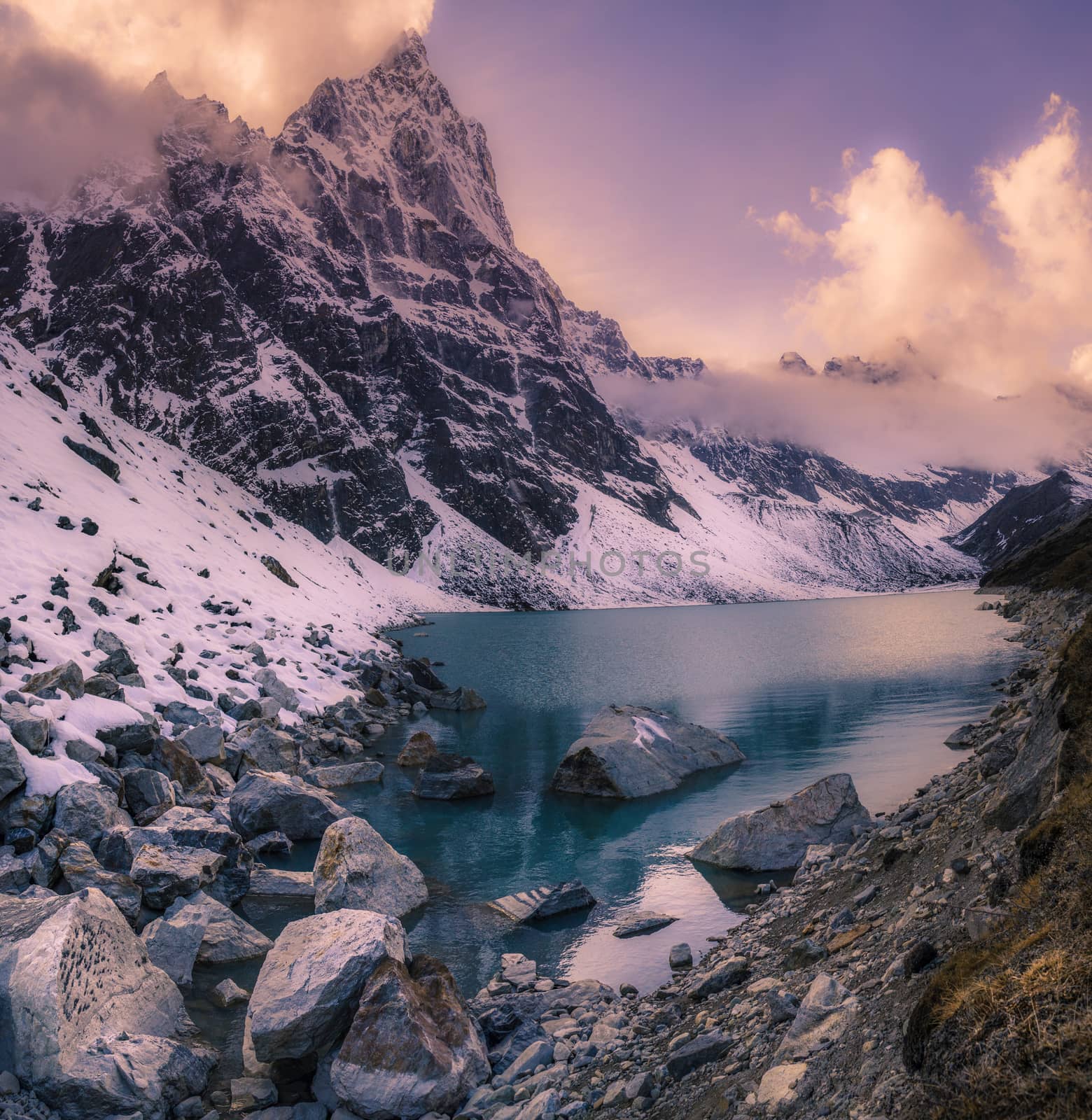 Sunset in the Himalaya mountains. Panorama. Travel to Nepal