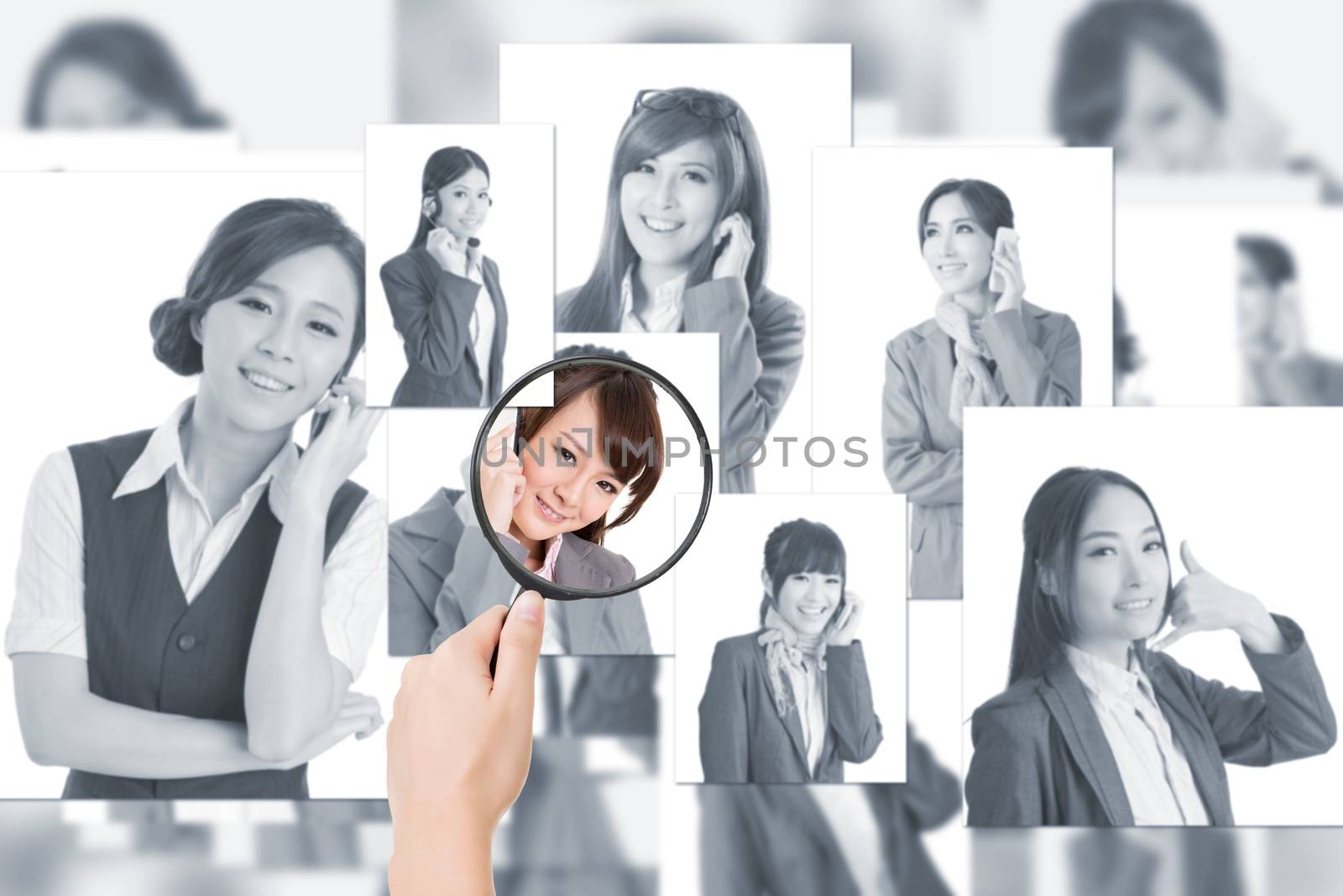 Concept of human resources, choose the right person from the people screen wall.