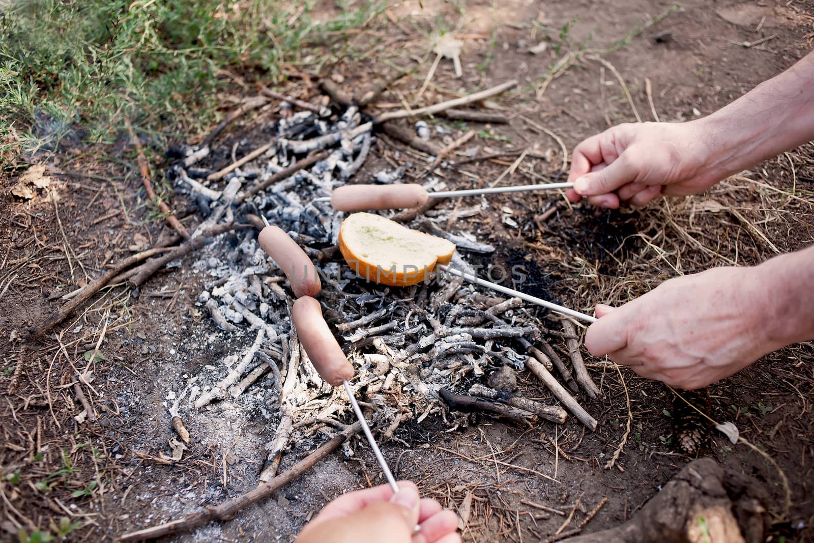 Cooking (sausages and white bread) on the coals on the nature