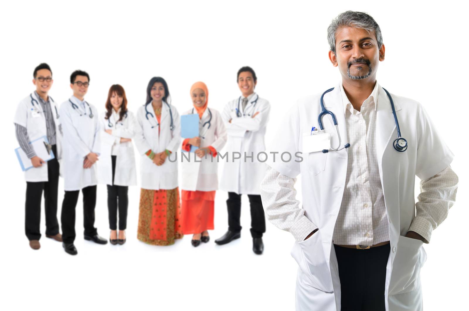Multiracial diversity Asian medical team, expertise senior and mature doctors leading young practitioners, standing isolated on white background.