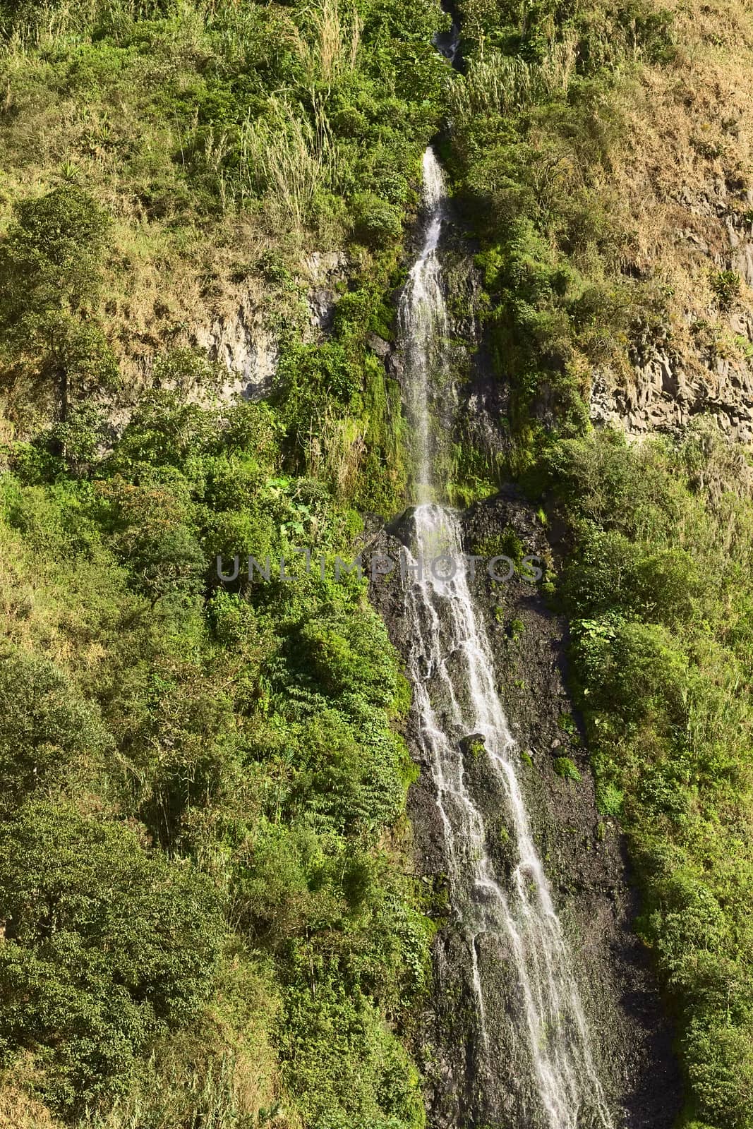 The waterfall called El Cabello Del Virgen (The Virgin's Hair) in the small town of Banos in Ecuador