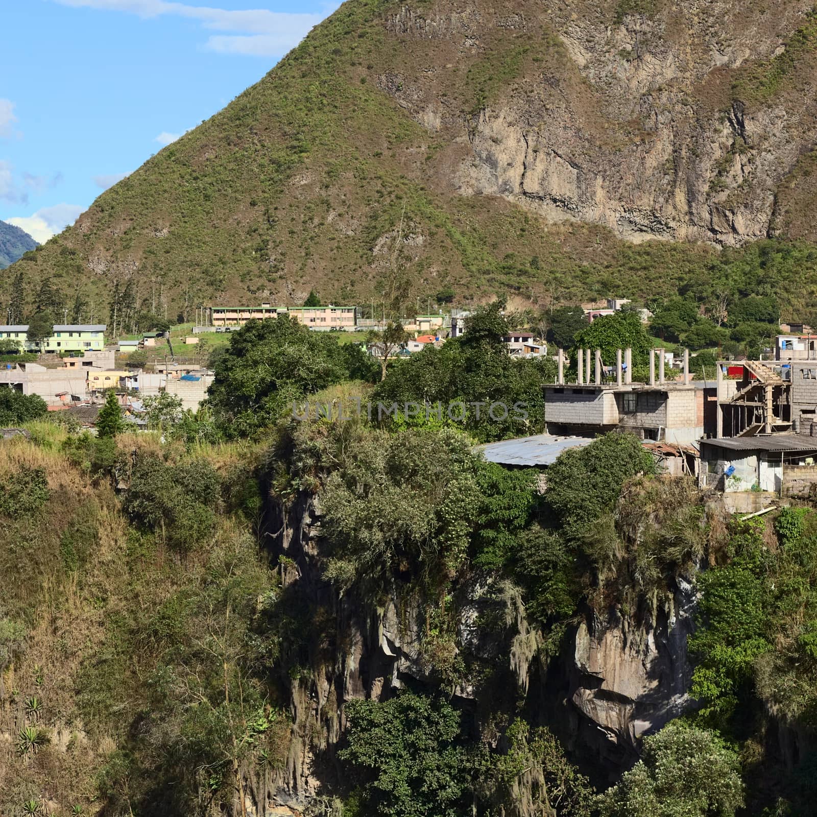 Some houses of the small town of Banos in Ecuador along the edge of a cliff, at the bottom of which the Pastaza River is flowing