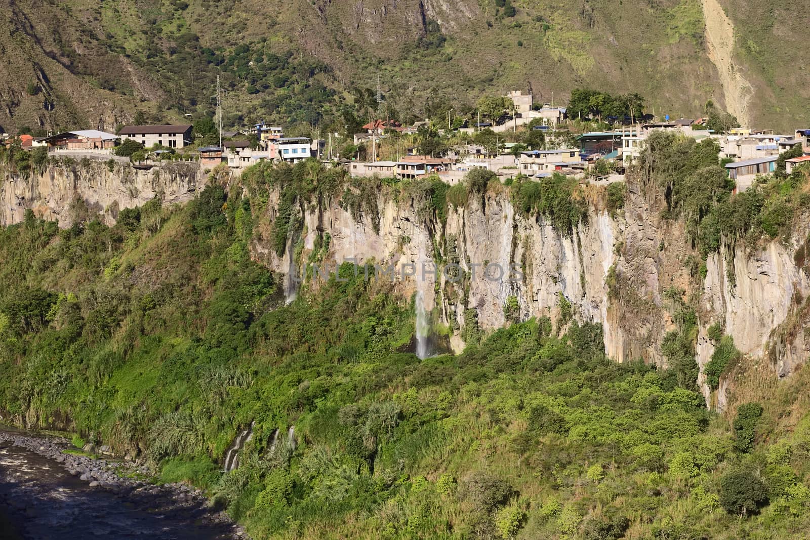 The Pastaza River and the small town of Banos in Ecuador on the cliffs with some waterfalls dropping down 