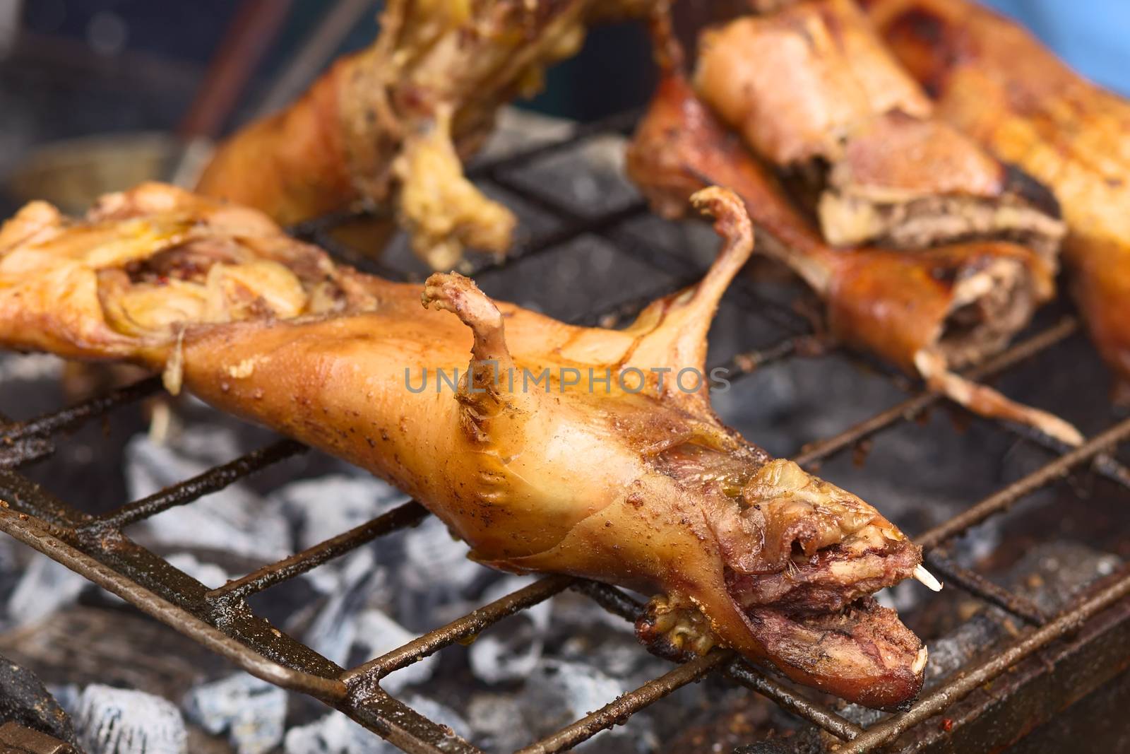 BANOS, ECUADOR - FEBRUARY 28, 2014: Guinea pigs being barbecued for sale on Ambato Street at the market hall on February 28, 2014 in Banos, Ecuador. In Ecuador, guinea pig (or cuy in Spanish) is considered a delicacy, and is usually very expensive.