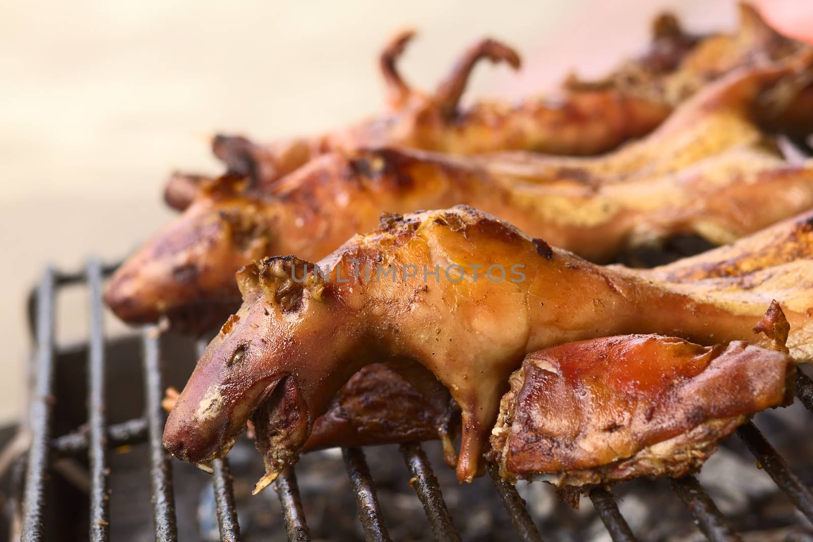 BANOS, ECUADOR - FEBRUARY 28, 2014: Guinea pigs being barbecued for sale on Ambato Street at the market hall on February 28, 2014 in Banos, Ecuador. In Ecuador, guinea pig (or cuy in Spanish) is considered a delicacy, and is usually very expensive.