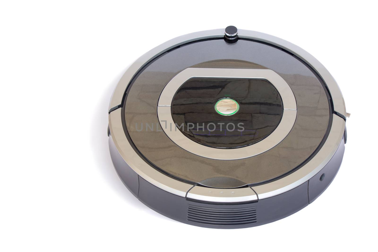 The automated robot vacuum cleaner of a roundish form, can make cleaning in hard-to-reach spots. It is presented on a white background.