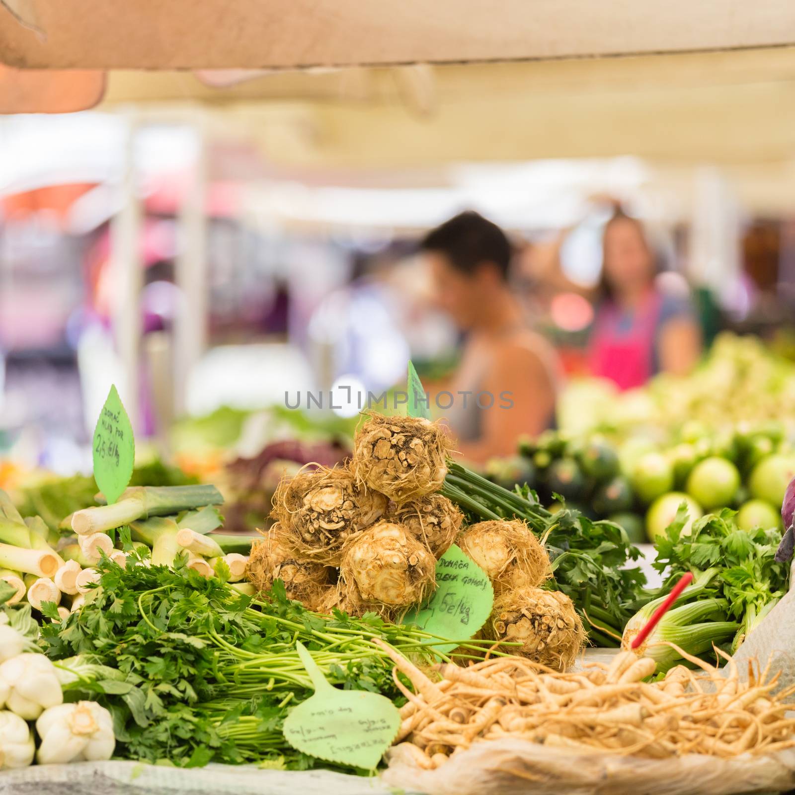 Farmer's market stall with variety of organic vegetable.
