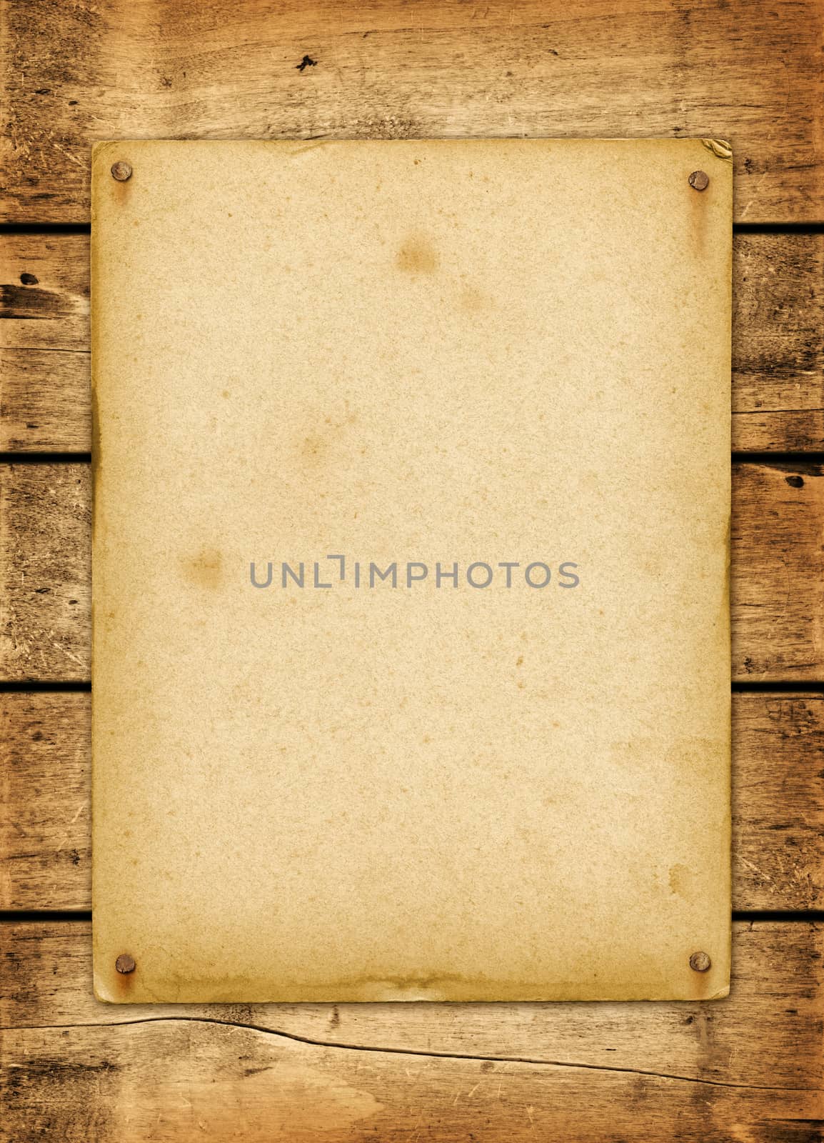 Blank vintage poster nailed on a wood board panel