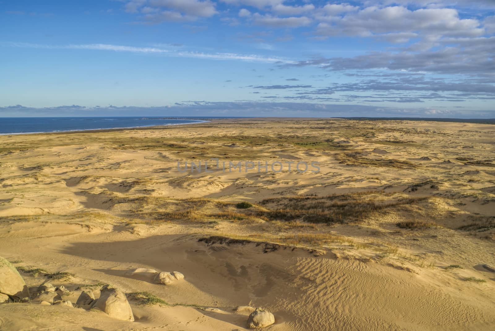 Picturesque view of a sandy beach in the setting sun in Cabo Polonio, Uruguay                   