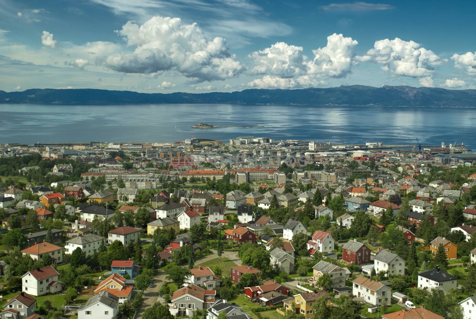 Scenic view of Trondheim's urban area with the fjord in the background