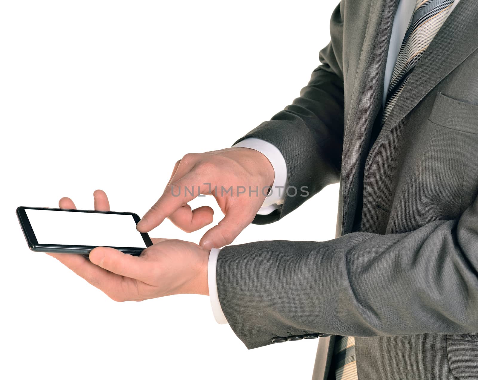 Close up of man using mobile smart phone. Isolated on white background