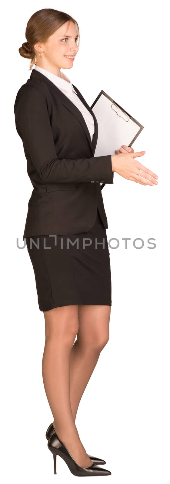 Businesswoman pulls his hand for handshake by cherezoff