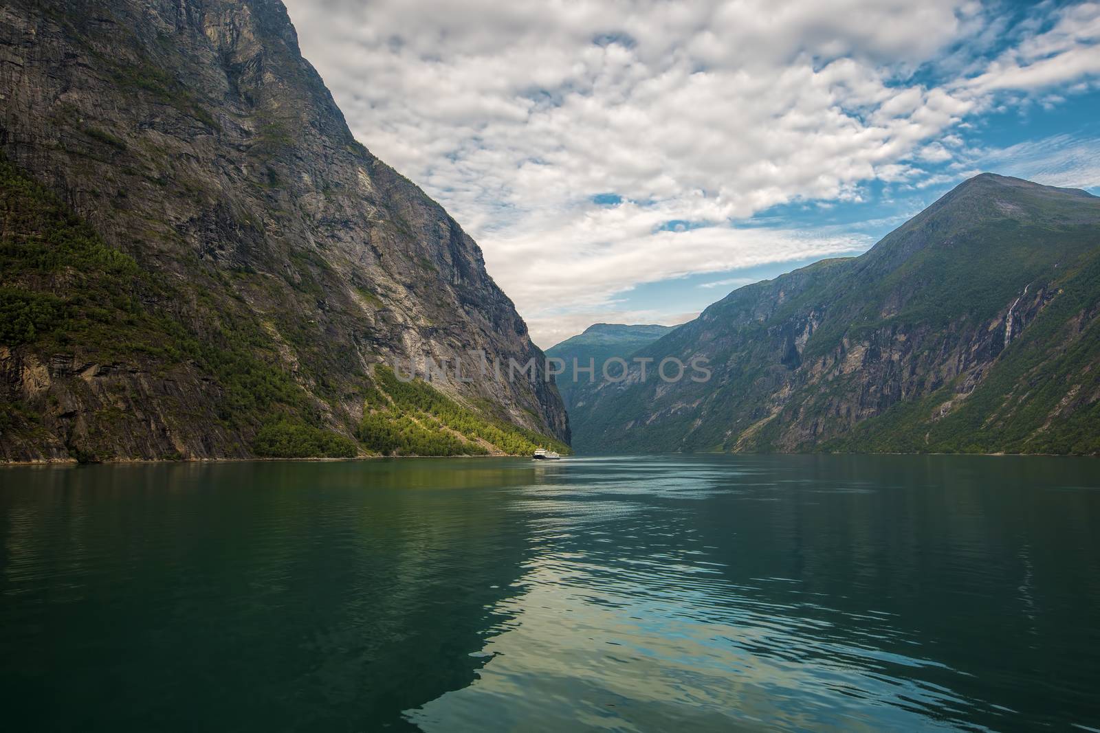 View over the fjord Geiranger fjord in Norway