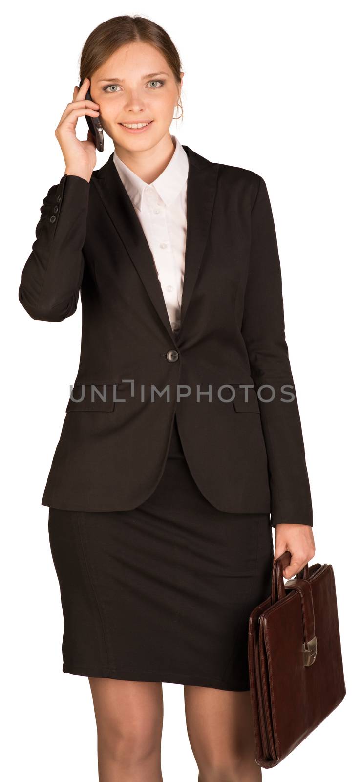 Businesswoman using phone and holding briefcase. Isolated on white background