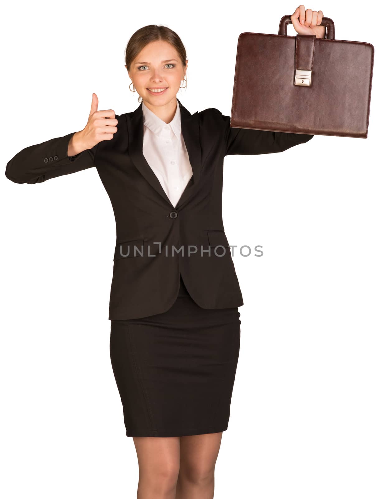 Businesswoman showing thumb up and holding briefcase. Isolated on white background