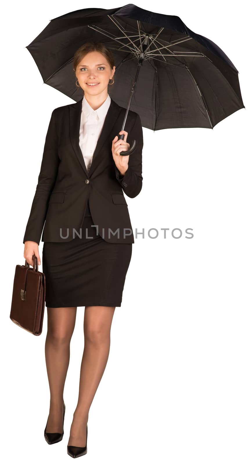 Businesswoman holding a briefcase and umbrella. Isolated on white background