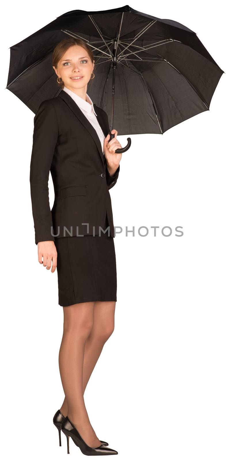 Businesswoman holding umbrella. Isolated on white background