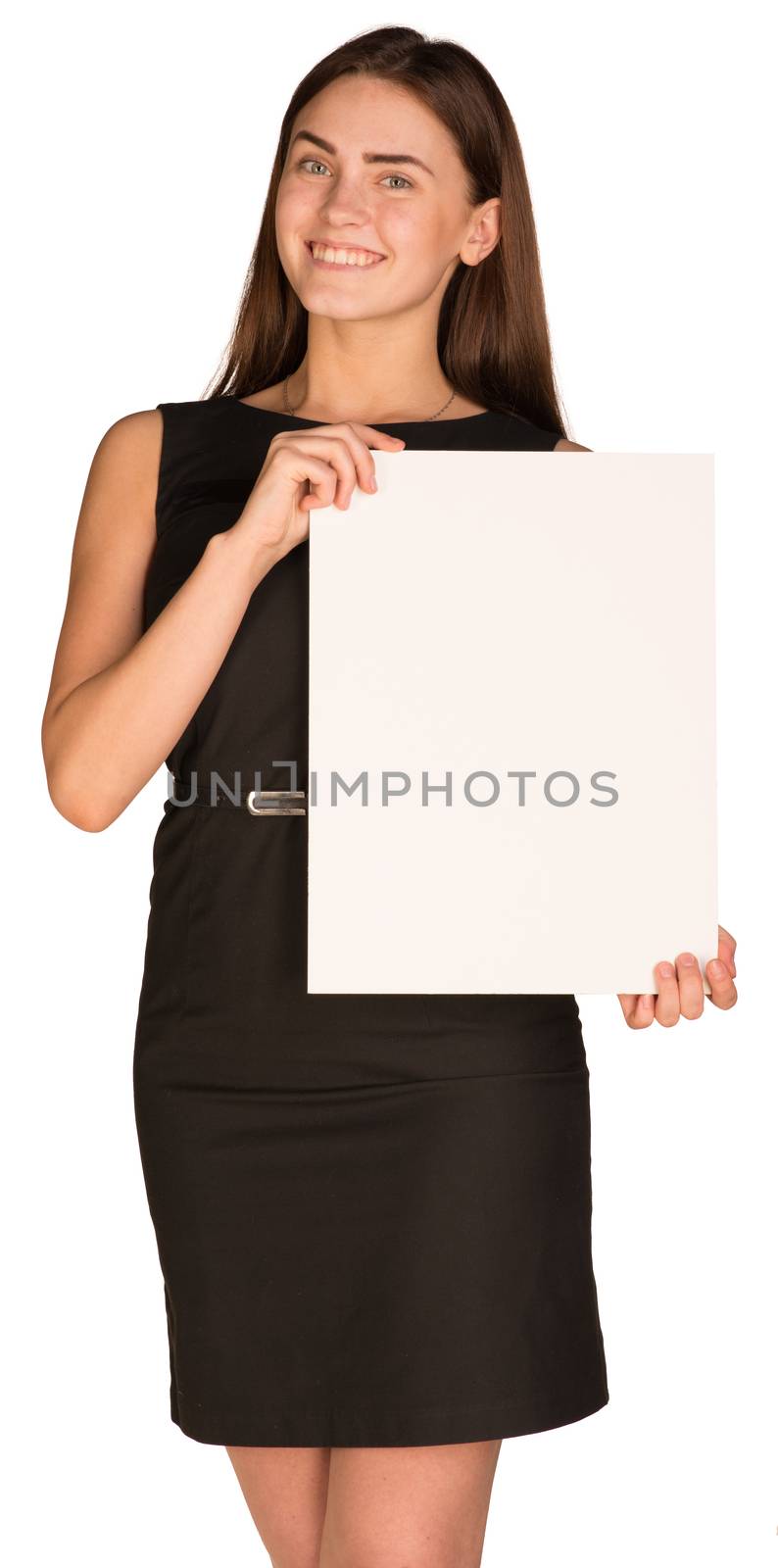 Attractive young woman holding blank paperboard. Studio shot of woman isolated on white background