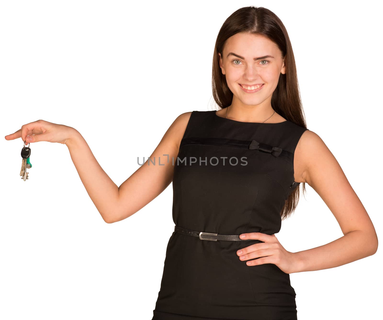 Pretty young lady holding keys isolated on white background